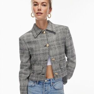 Aritzia Babaton black & white cotton linen tweed blazer jacket - 2XS